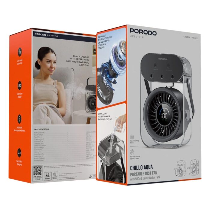 Porodo Lifestyle Chillo Aqua Portable Mist Fan with 500mL Large Water Tank - Image 3