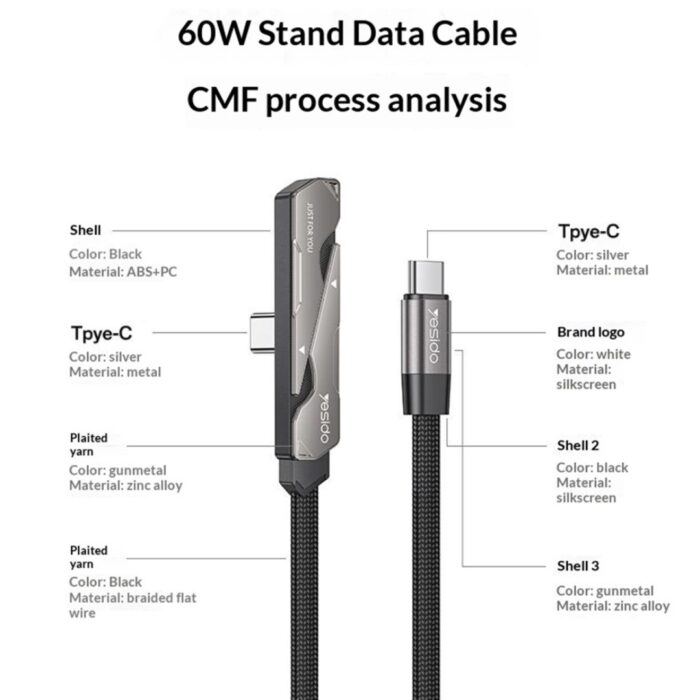 YESIDO CA207 1.2m USB-C to USB-C 60W Cable with Stand - Image 10